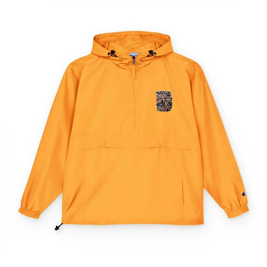 Black Champion unisex packable anorak jacket from Drum Addict Apparel by Yggdrasils Wood, shown folded and partially unfolded.