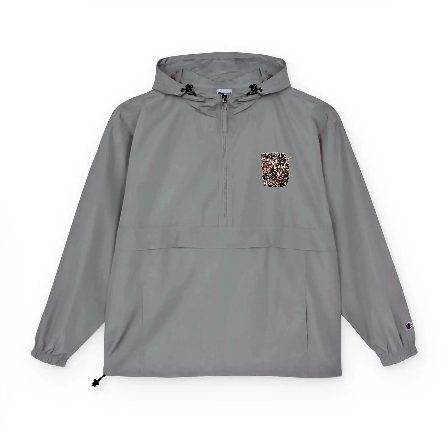 Black Champion unisex packable anorak jacket from Drum Addict Apparel by Yggdrasils Wood, shown folded and ready to wear.