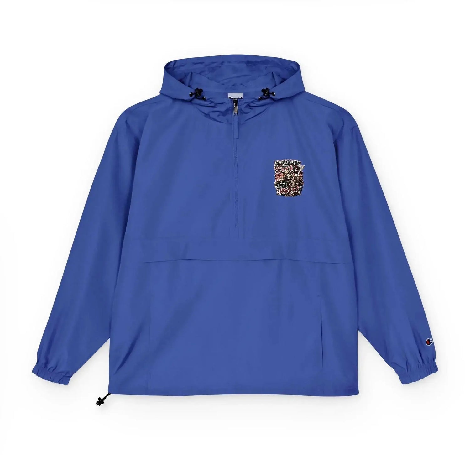 Unisex black Champion packable anorak jacket with adjustable hood and zip pockets, made by Drum Addict Apparel by Yggdrasils Wood.