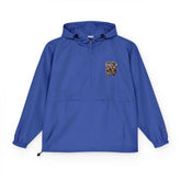 Unisex black Champion packable anorak jacket with adjustable hood and zip pockets, made by Drum Addict Apparel by Yggdrasils Wood.