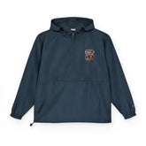 Black Champion unisex packable anorak jacket by Drum Addict Apparel, lightweight rain-resistant outdoor outerwear