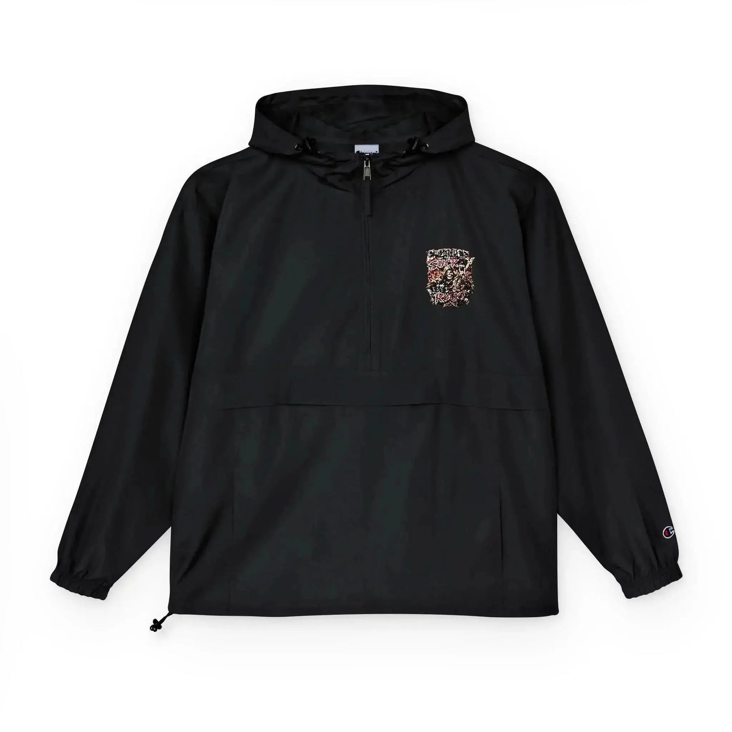 Black Champion unisex packable anorak jacket from Drum Addict Apparel by Yggdrasils Wood, shown folded and ready to wear.