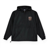 Black Champion unisex packable anorak jacket from Drum Addict Apparel by Yggdrasils Wood, shown folded and ready to wear.