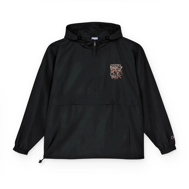 Black Champion unisex packable anorak jacket from Drum Addict Apparel by Yggdrasils Wood, shown folded and ready to wear.
