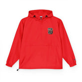 Black Champion unisex packable anorak jacket by Drum Addict Apparel, lightweight and weather-resistant for outdoor wear.