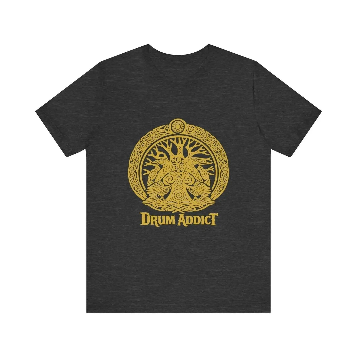 Black Drum Addict Tree of Life T-Shirt by Yggdrasils Wood, Celtic drum lover tee with intricate tree of life design.