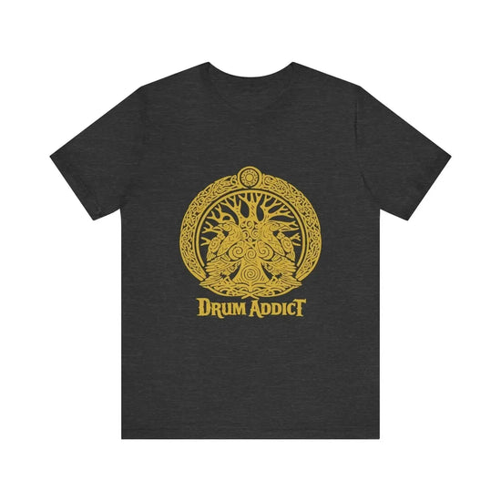 Black Drum Addict Tree of Life T-Shirt by Yggdrasils Wood, Celtic drum lover tee with intricate tree of life design.
