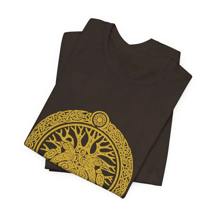 Black Drum Addict Tree of Life T-shirt by Yggdrasils Wood featuring Celtic drum design, perfect for drum lovers.