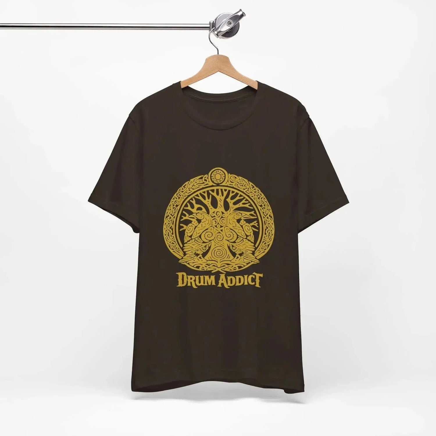 Black Drum Addict Tree of Life T-Shirt by Yggdrasils Wood, Celtic drum lover tee with detailed tree of life graphic.