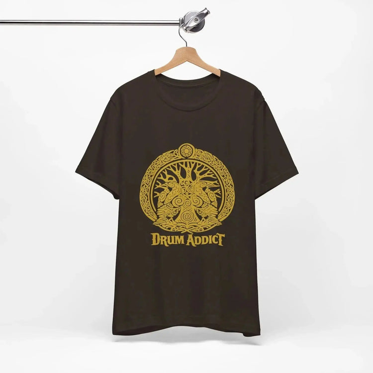 Black Drum Addict Tree of Life T-Shirt by Yggdrasils Wood, Celtic drum lover tee with detailed tree of life graphic.