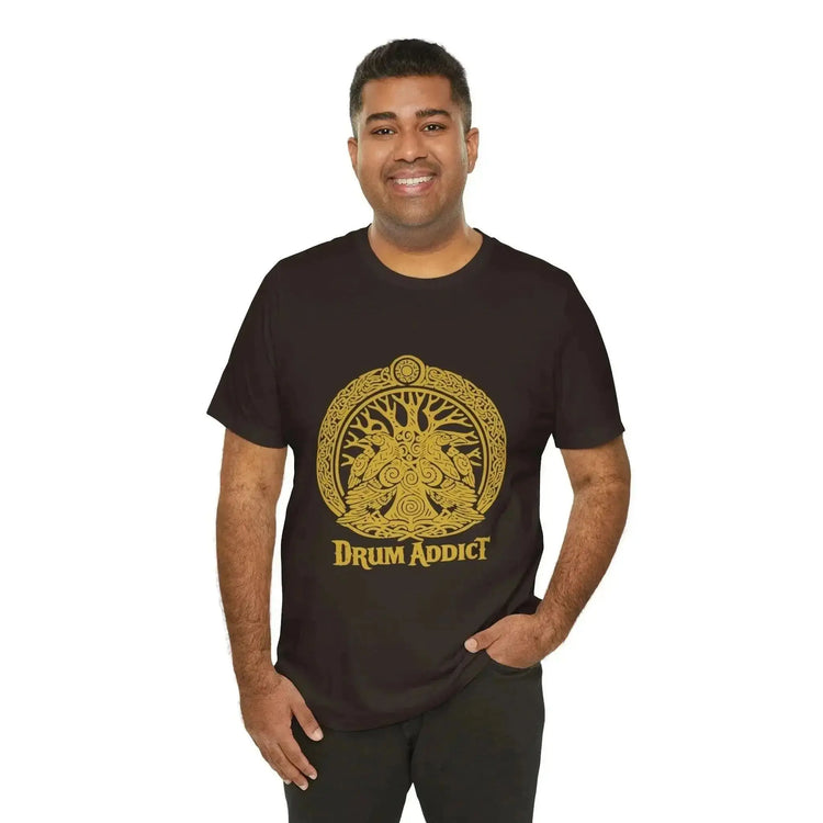 Black Drum Addict Tree of Life T-Shirt by Yggdrasils Wood featuring Celtic drum design, perfect for drum lovers and Celtic enthusiasts.