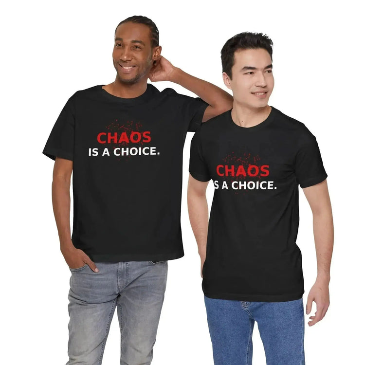 Red splatter typography graphic shirt by Drum Addict Apparel, featuring bold black text on a casual black T-shirt.