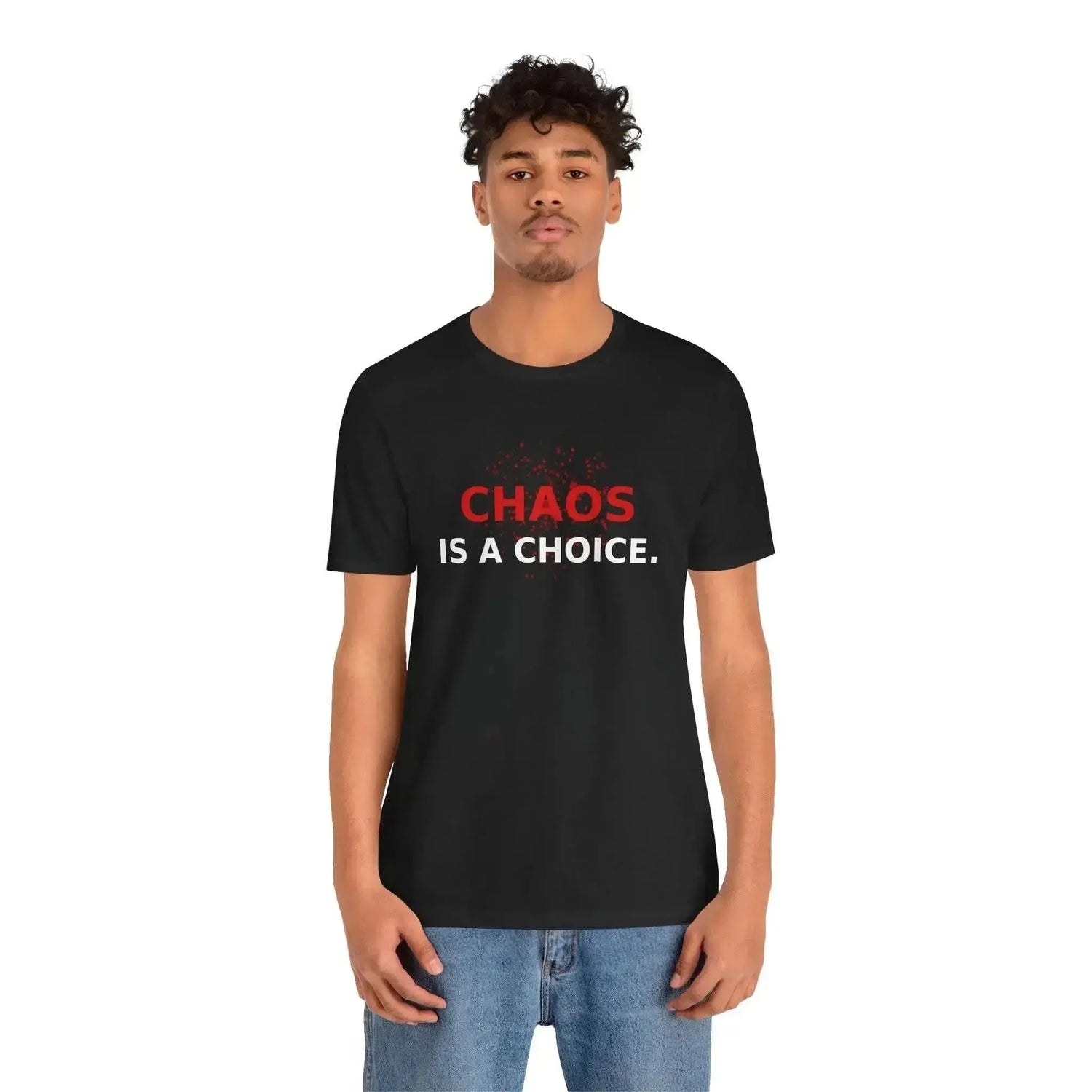 Black typography graphic shirt by Drum Addict Apparel with red splatter design, featuring bold text and artistic print.