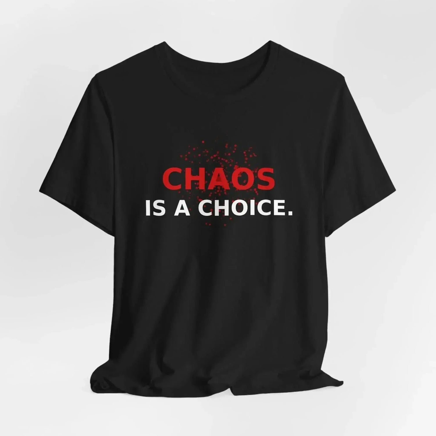 Black typography graphic shirt by Drum Addict Apparel with red splatter design, showcasing bold, artistic text on the front.