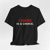 Black typography graphic shirt by Drum Addict Apparel with red splatter design, showcasing bold, artistic text on the front.