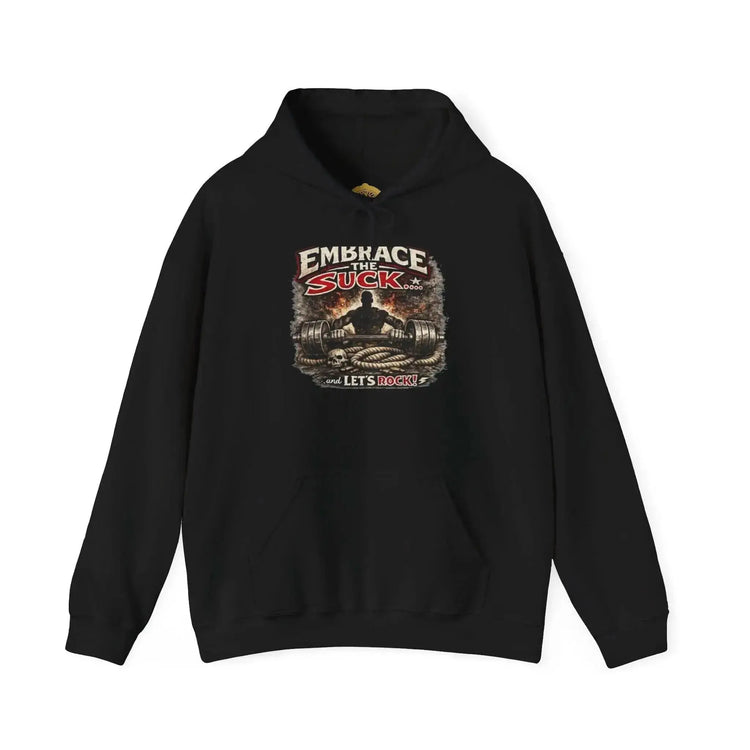Dark heather Rock Skull Hoodie by Drum Addict Apparel featuring a bold skull design and "Embrace the Suck" slogan.