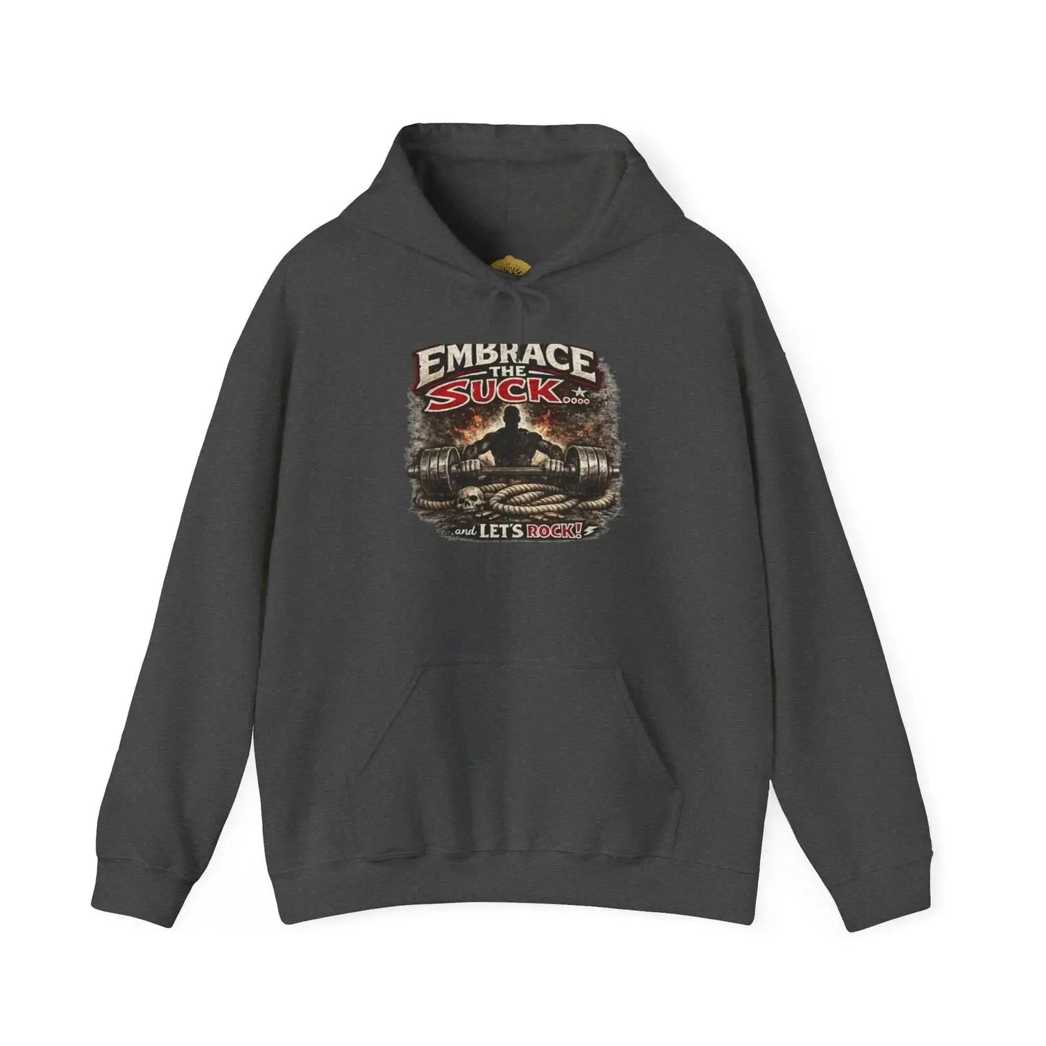 Dark heather Rock Skull hoodie by Drum Addict Apparel featuring a bold skull design and "Embrace the Suck" slogan.
