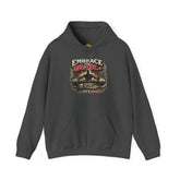 Dark heather Rock Skull hoodie by Drum Addict Apparel featuring a bold skull design and "Embrace the Suck" slogan.