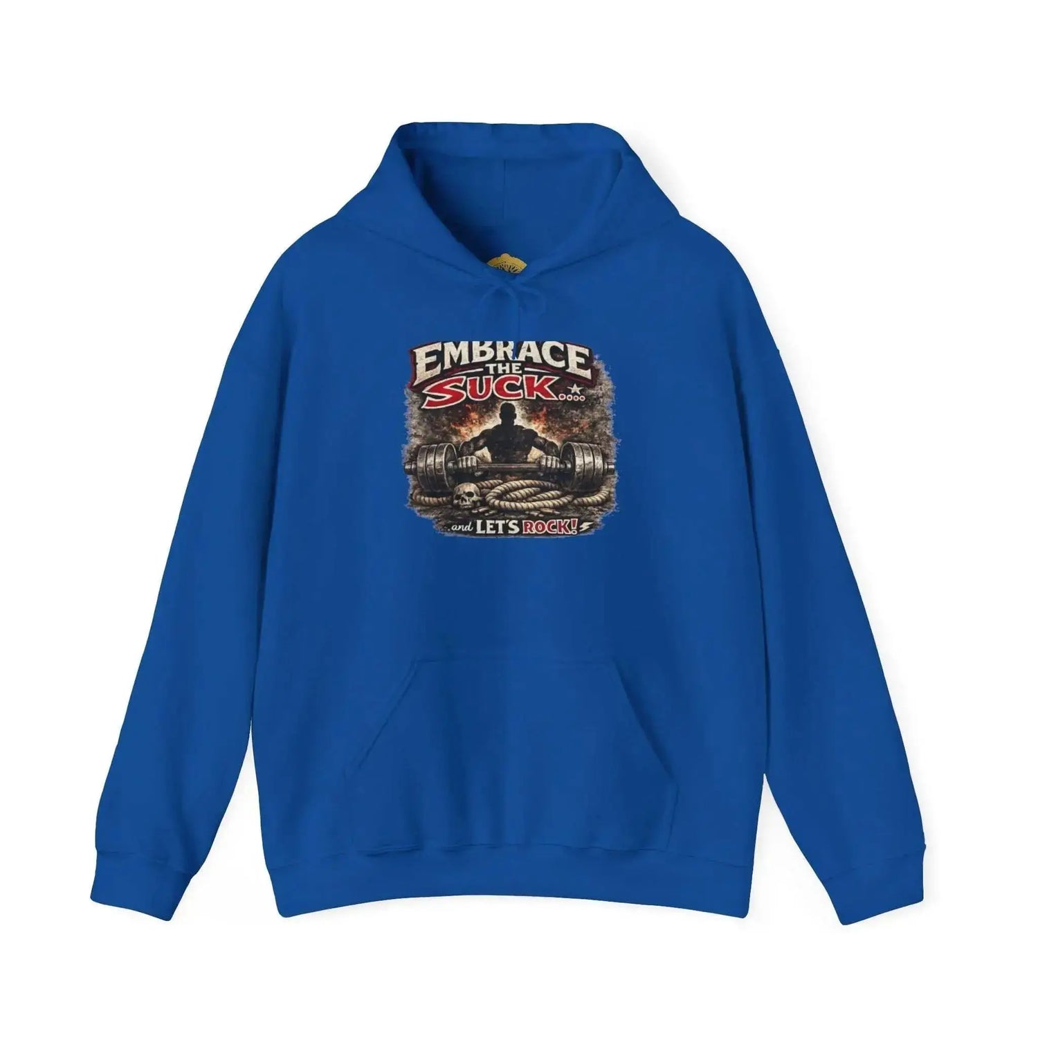 Dark heather Rock Skull hoodie by Drum Addict Apparel featuring a bold skull design and "Embrace the Suck" slogan.