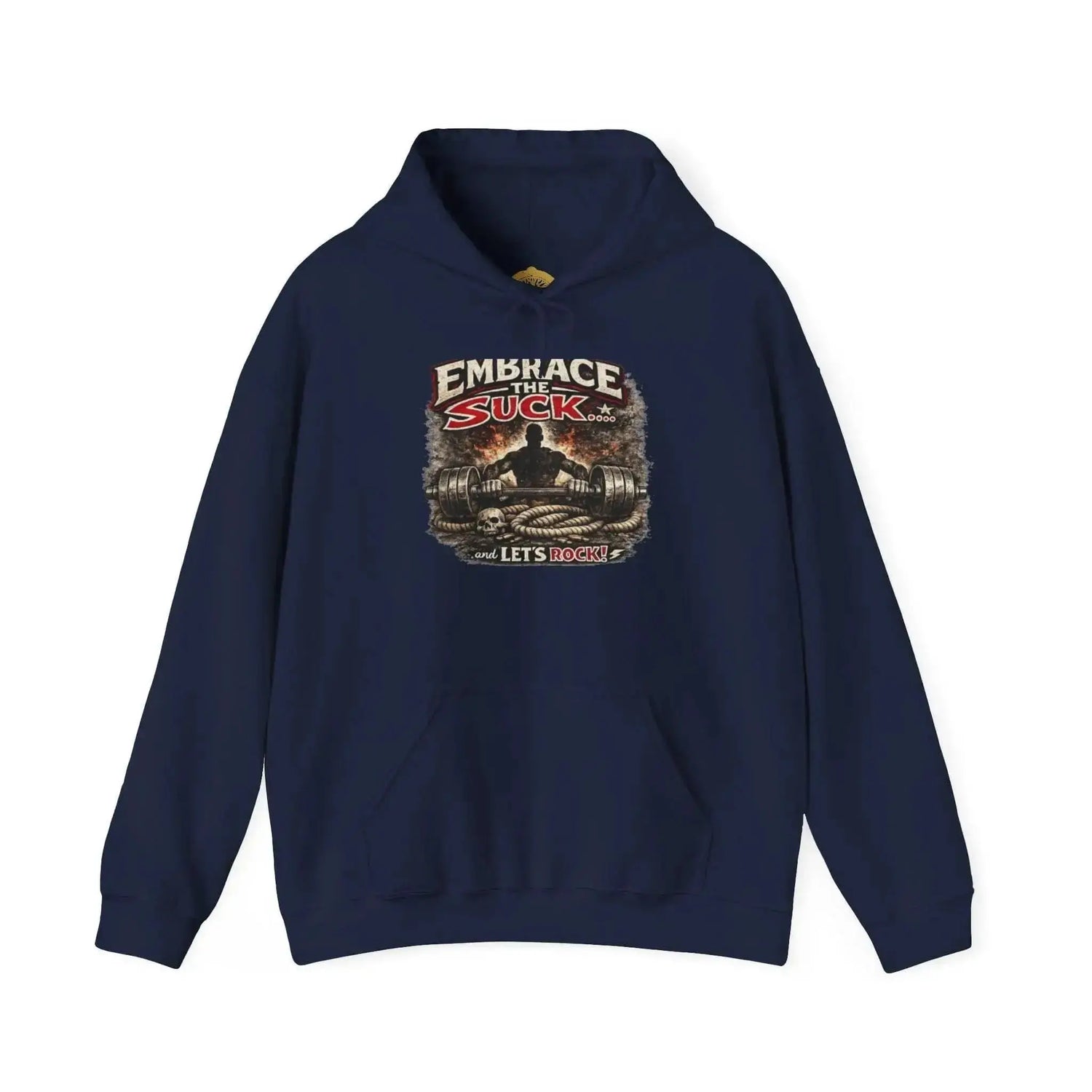 Dark heather Rock Skull Hoodie by Drum Addict Apparel features a bold skull design on the front.