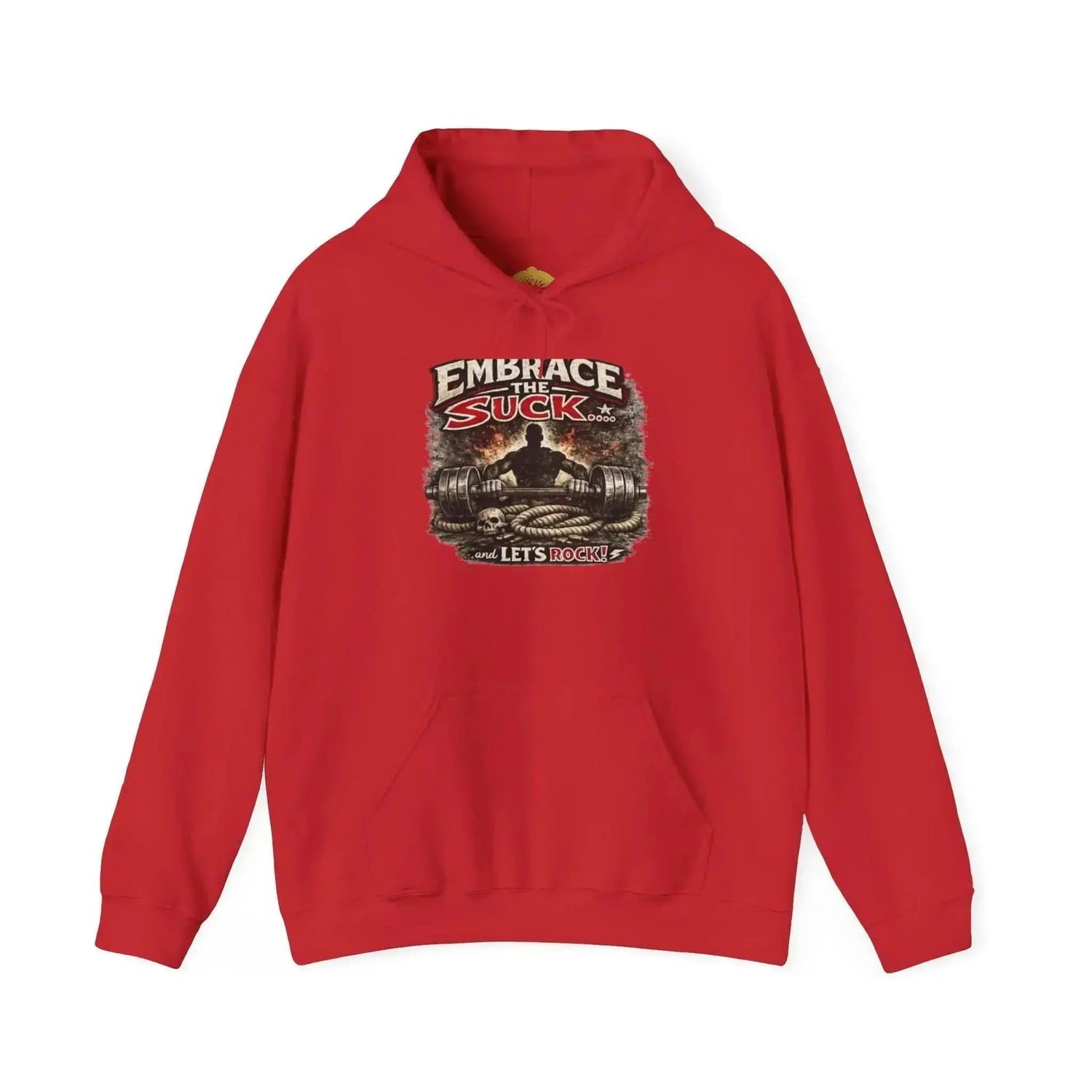 Dark heather Rock Skull Hoodie by Drum Addict Apparel featuring a bold skull design and "Embrace the Suck" print.
