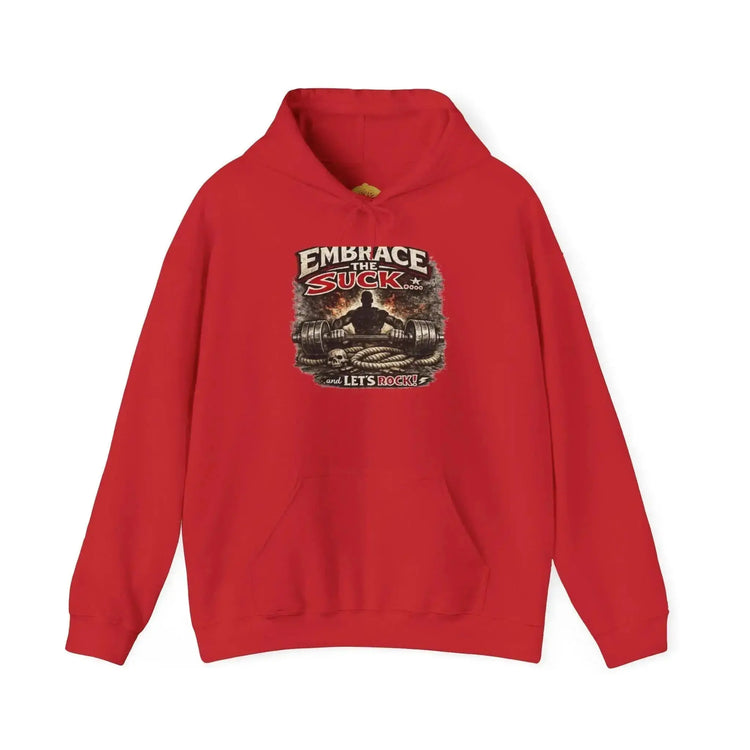 Dark heather Rock Skull Hoodie by Drum Addict Apparel featuring a bold skull design and "Embrace the Suck" print.