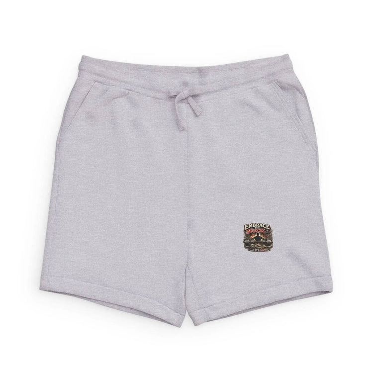 Heather gray athletic sweatshorts by Drum Addict Apparel for workout and lounge wear, with a comfortable fit and athletic design.