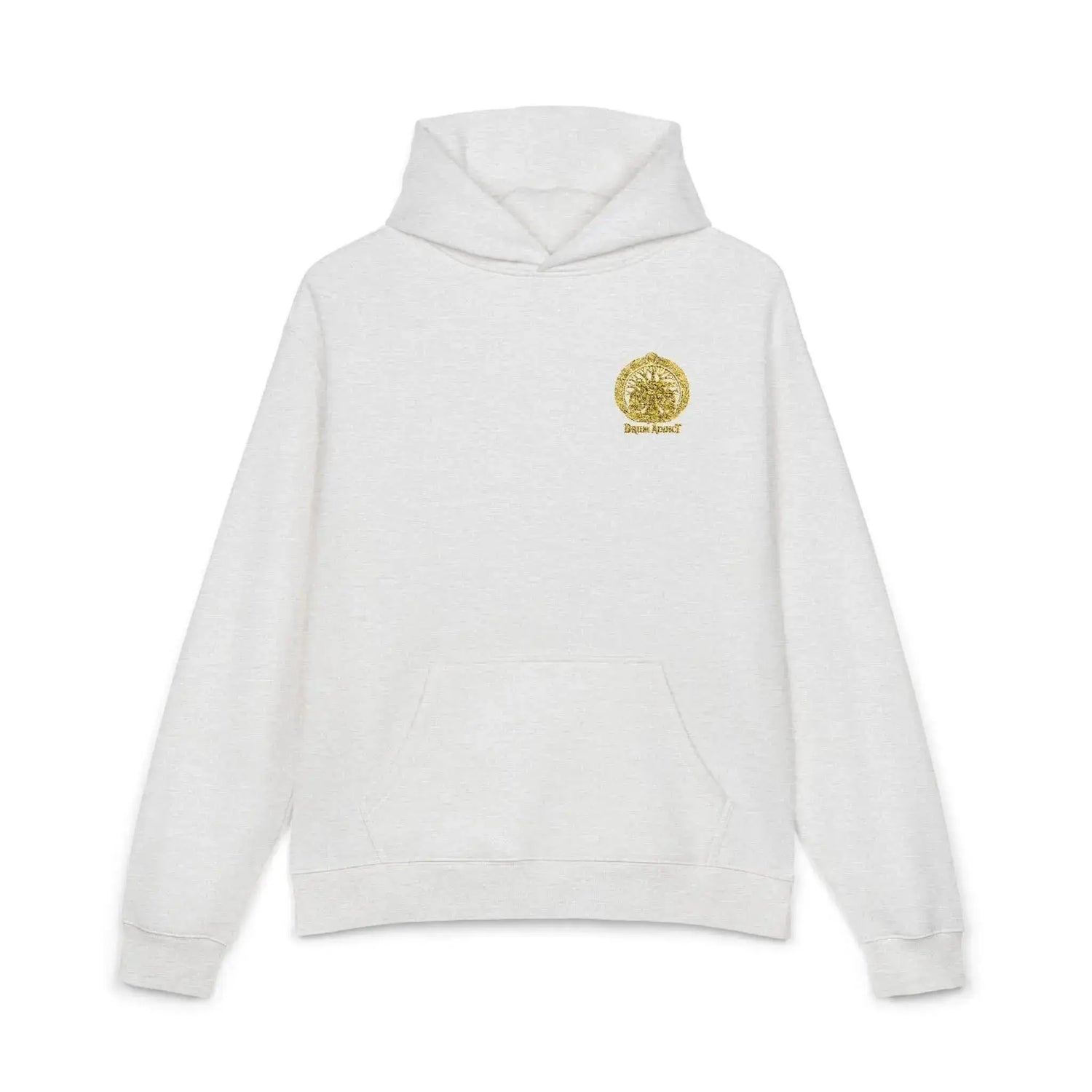 Drum Addict Logo Hoodie by Yggdrasils Wood, athletic heather fabric, featuring the Drum Addict logo on the front.