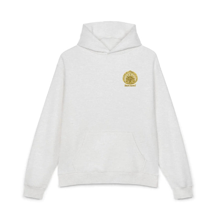 Drum Addict Logo Hoodie by Yggdrasils Wood, athletic heather fabric, featuring the Drum Addict logo on the front.
