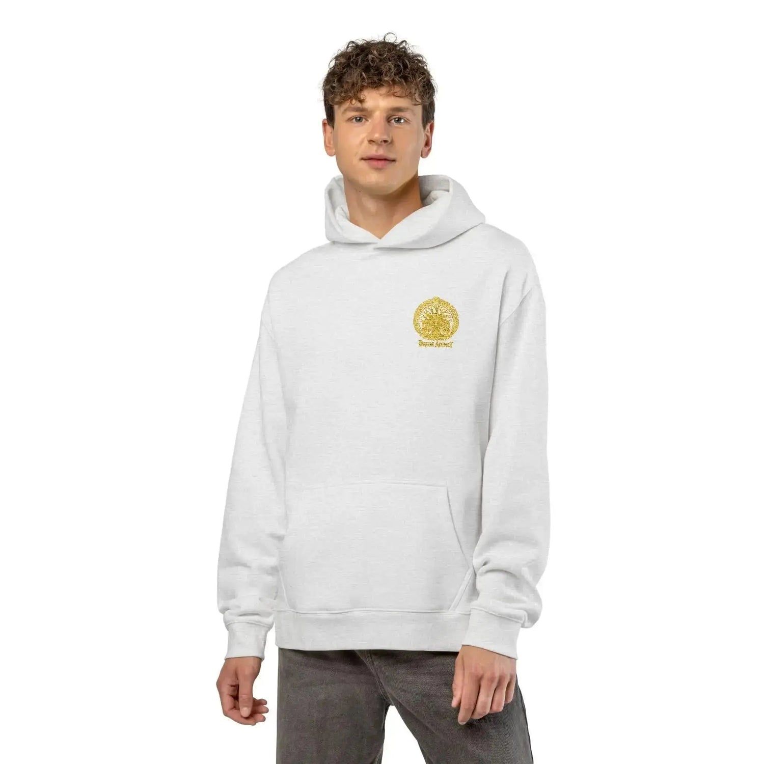 Light grey Drum Addict Logo Hoodie by Drum Addict Apparel featuring a front logo and athletic fit, made from soft heather fabric.