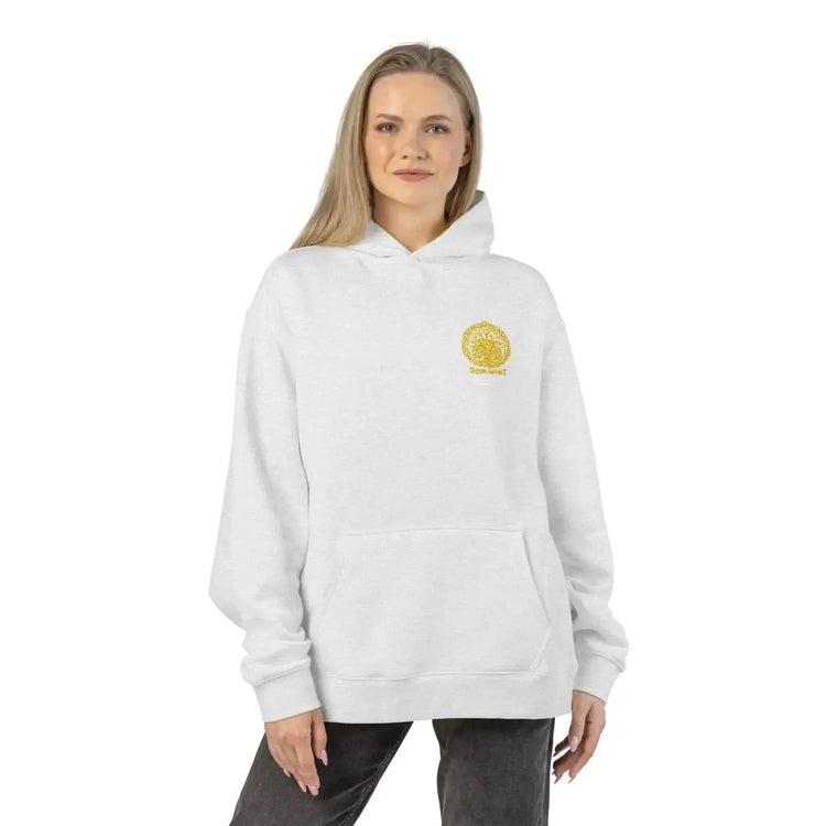 Athletic heather Drum Addict Logo Hoodie by Drum Addict Apparel featuring a prominent drum-themed logo on the front.