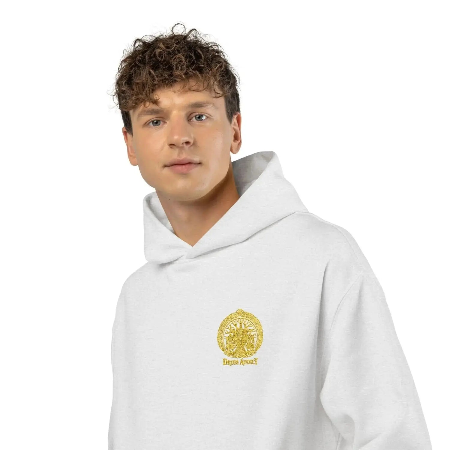 Drum Addict Logo Hoodie by Yggdrasils Wood, athletic heather fabric, featuring the Drum Addict logo on the front.