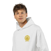 Drum Addict Logo Hoodie by Yggdrasils Wood, athletic heather fabric, featuring the Drum Addict logo on the front.
