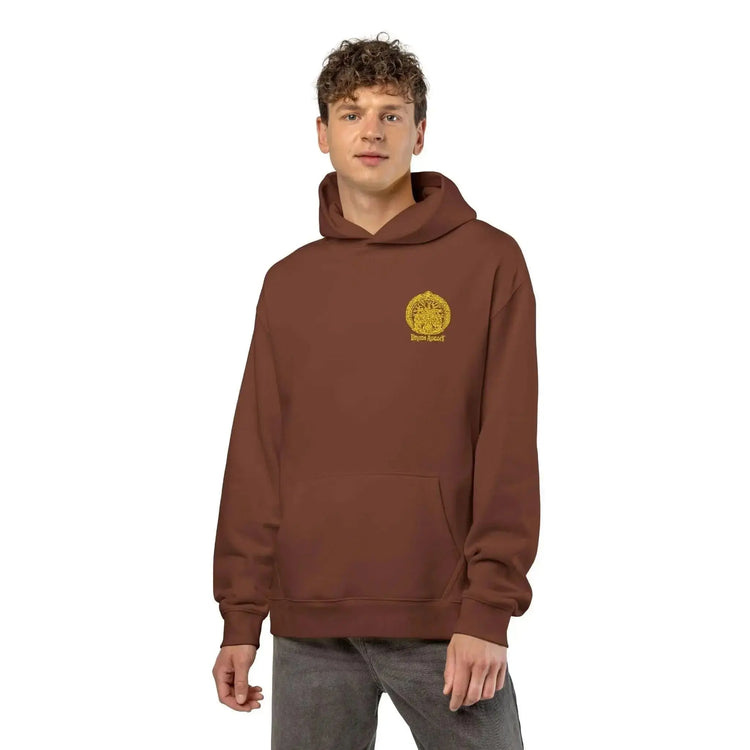 Drum Addict Logo Hoodie by Drum Addict Apparel in athletic heather, featuring a prominent drum addict logo on the front.