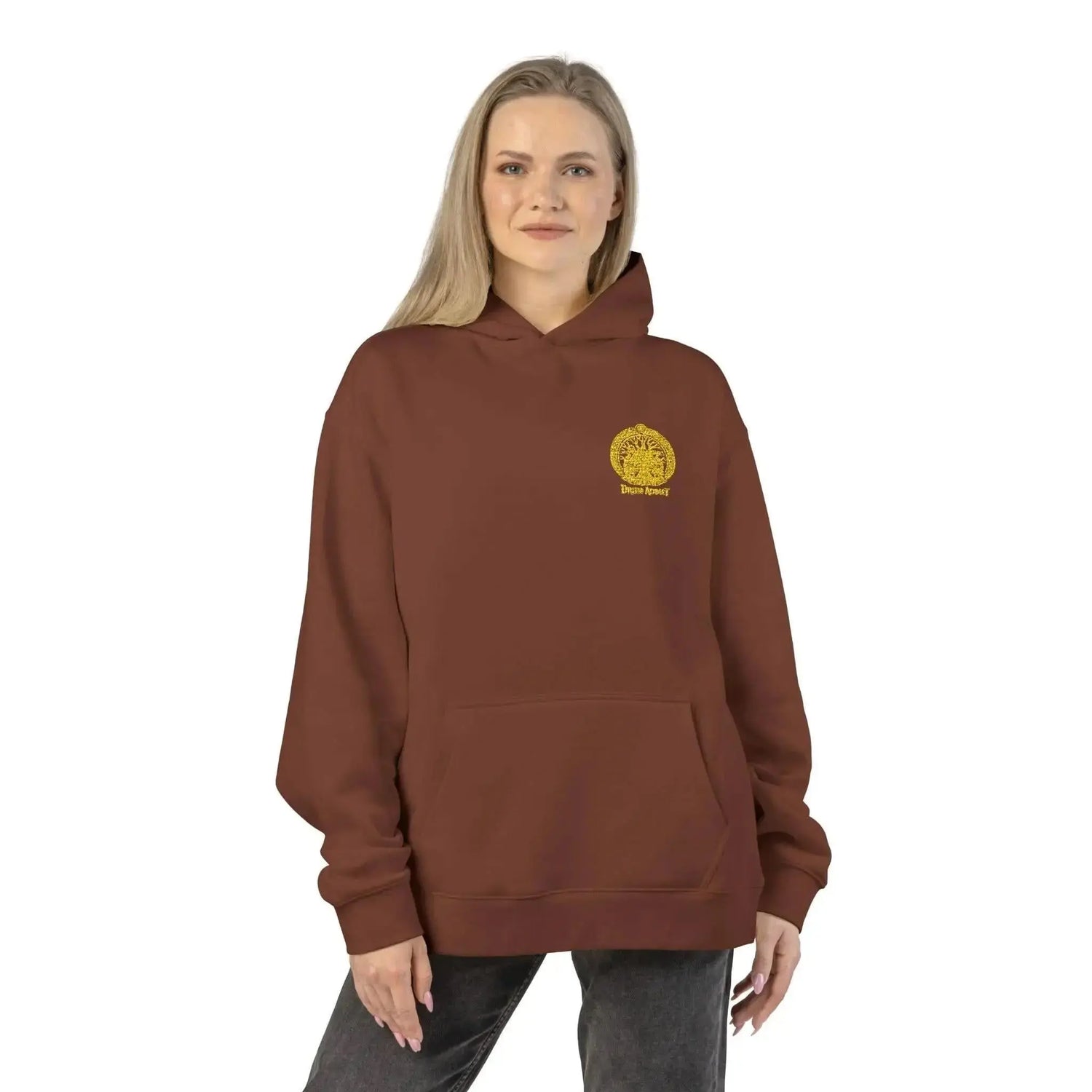 Drum Addict Apparel logo hoodie in athletic heather, featuring the Drum Addict logo on the front, casual and comfortable fit.