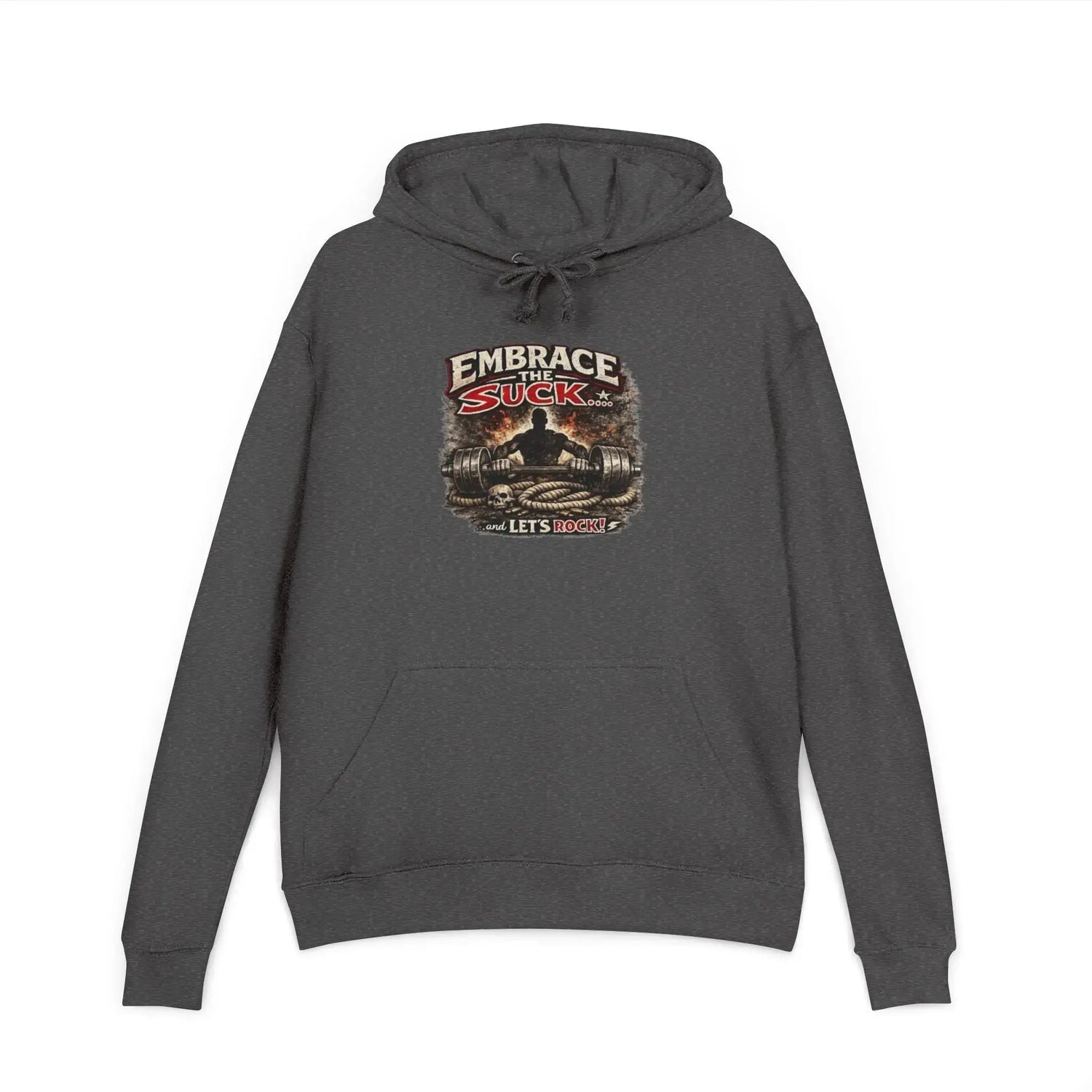 Black unisex hoodie from Printify featuring the "Embrace The Suck" design, shown on a model with a front view.