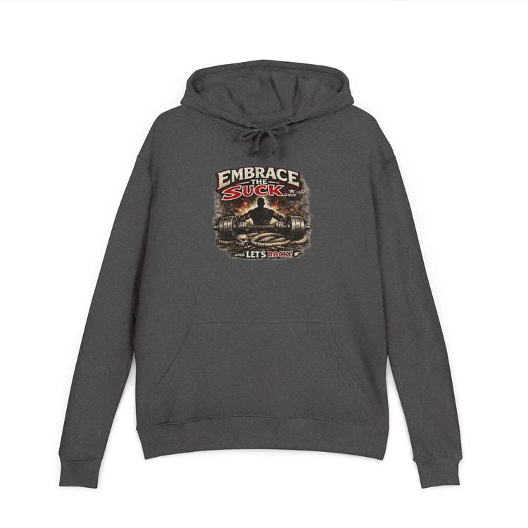 Black unisex hoodie from Printify featuring the "Embrace The Suck" design, shown on a model with a front view.