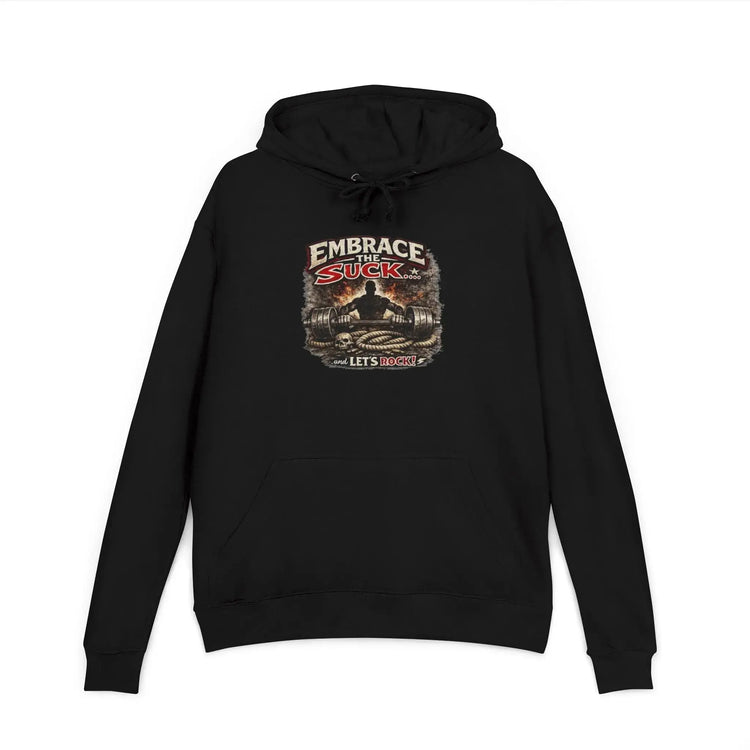 Black unisex hoodie featuring "Embrace The Suck" print from Printify, shown on a plain background.