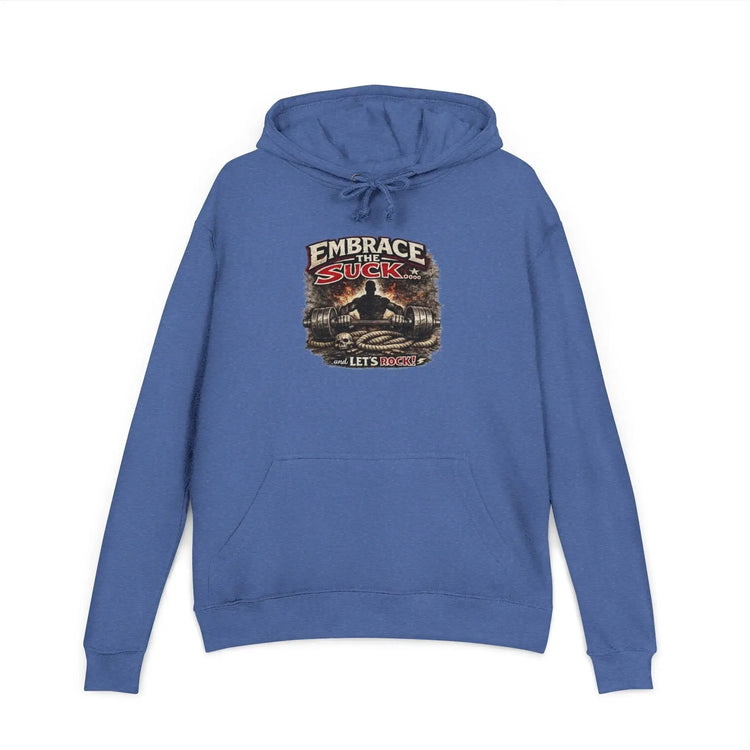 Black unisex hoodie from Printify featuring the "Embrace The Suck" design, shown flat with front view.