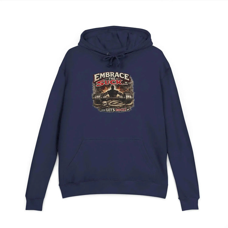 Black unisex hoodie from Printify featuring the "Embrace The Suck" design, shown on a mannequin.