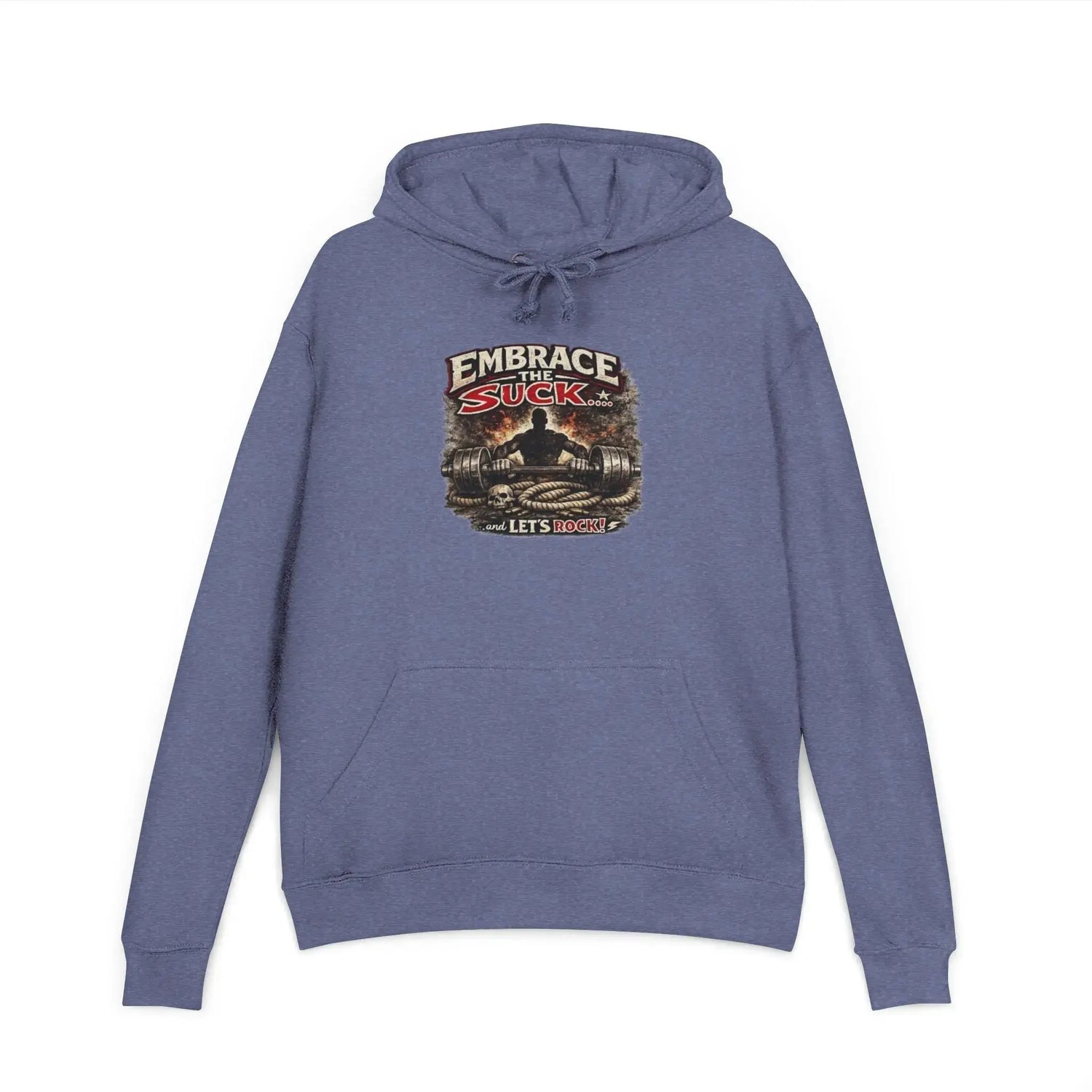 Black unisex hoodie from Printify featuring the "Embrace The Suck" design, shown flat with front view.