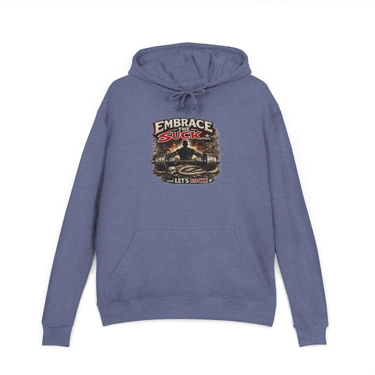 Black unisex hoodie from Printify featuring the "Embrace The Suck" design, shown flat with front view.