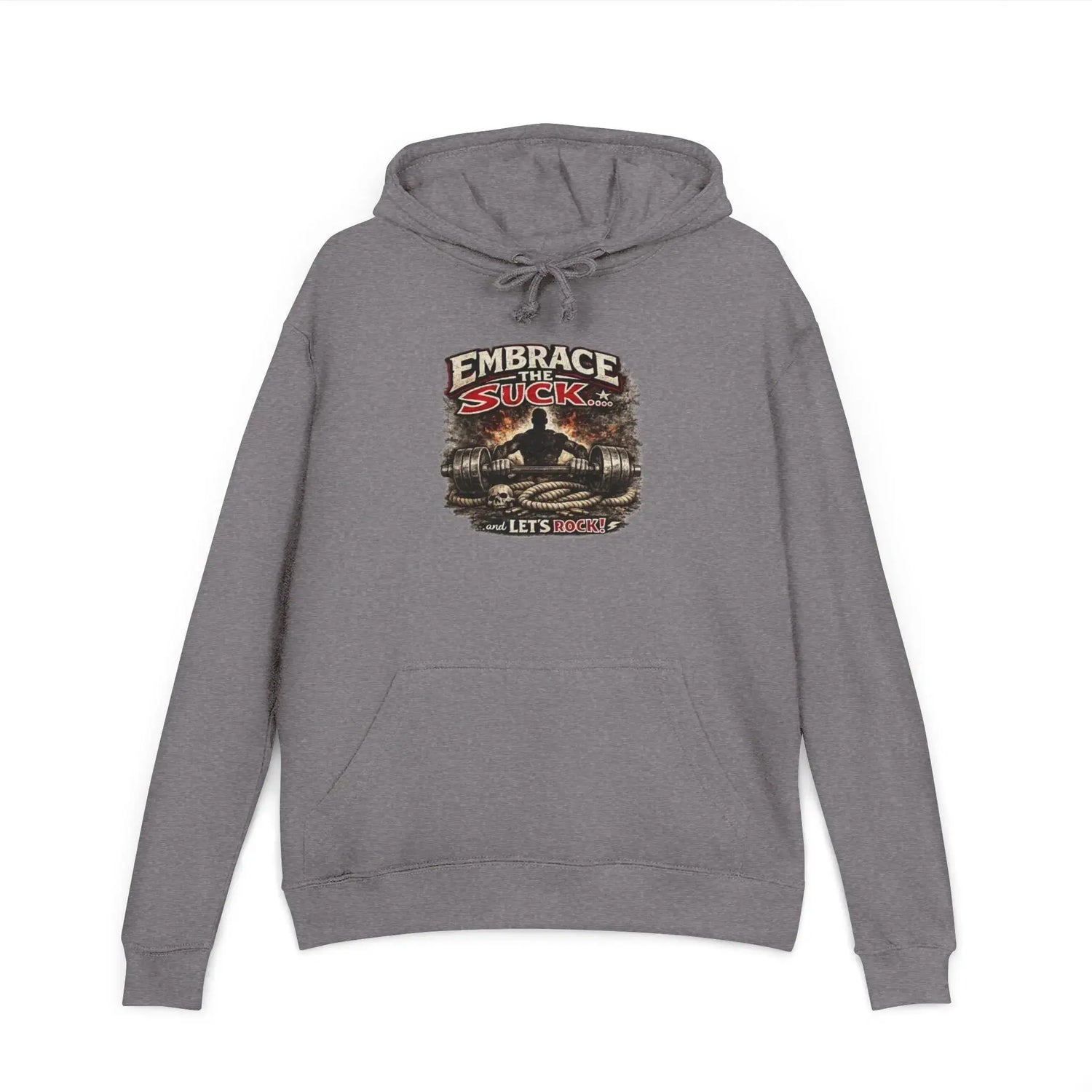 Black unisex hoodie from Printify featuring the "Embrace The Suck" design, shown on a flat front display.