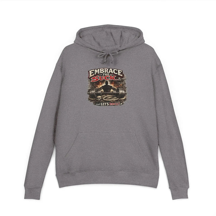 Black unisex hoodie from Printify featuring the "Embrace The Suck" design, shown on a flat front display.