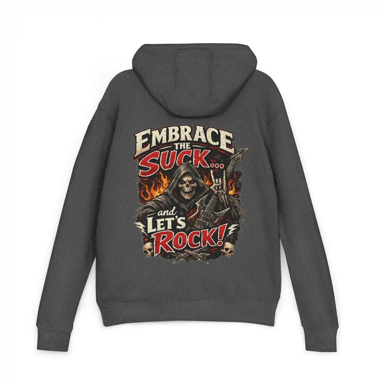 Black unisex hoodie featuring "Embrace The Suck" print, made by Printify, displayed on a flat surface.