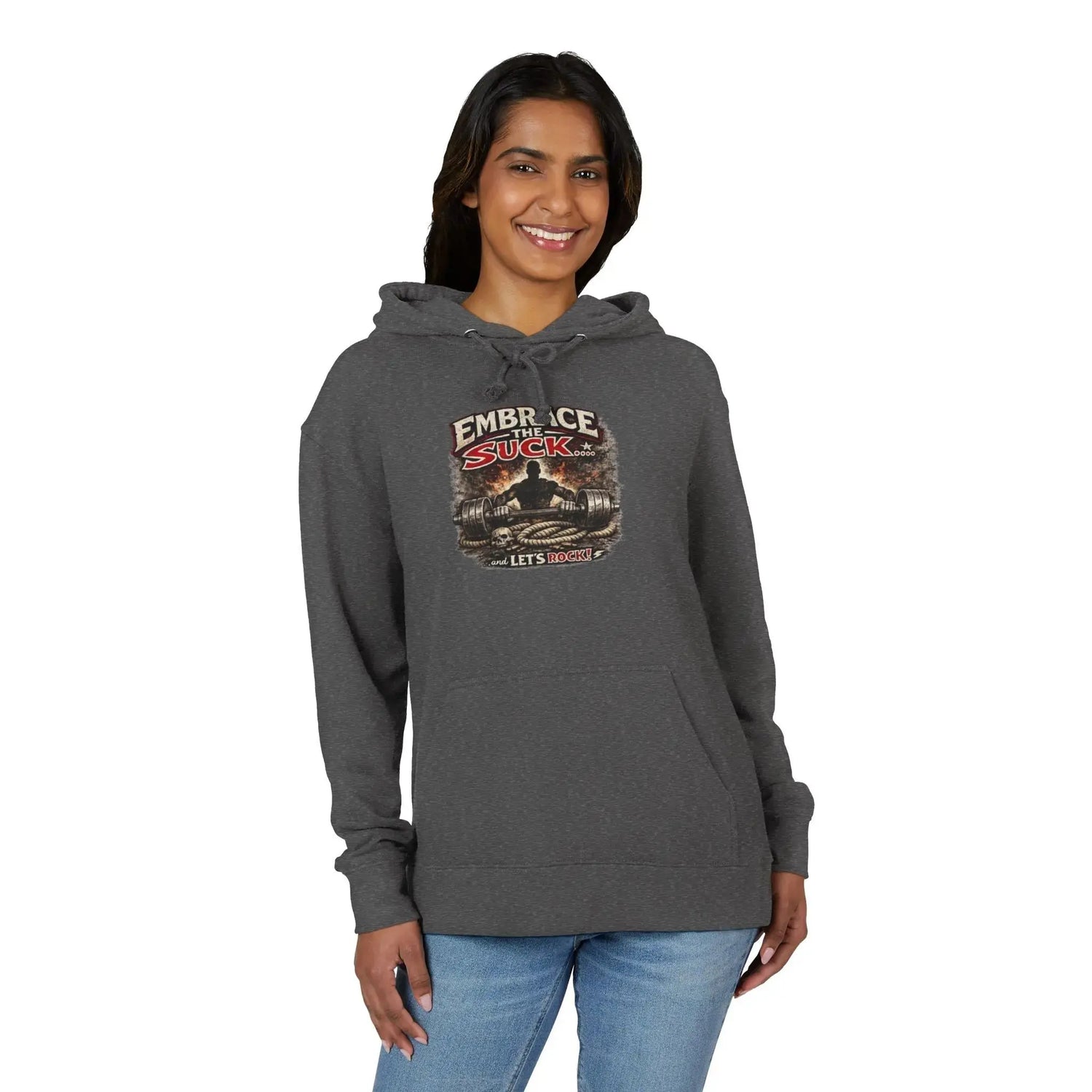 Black unisex hoodie by Printify featuring "Embrace The Suck" graphic, shown on a person wearing it.
