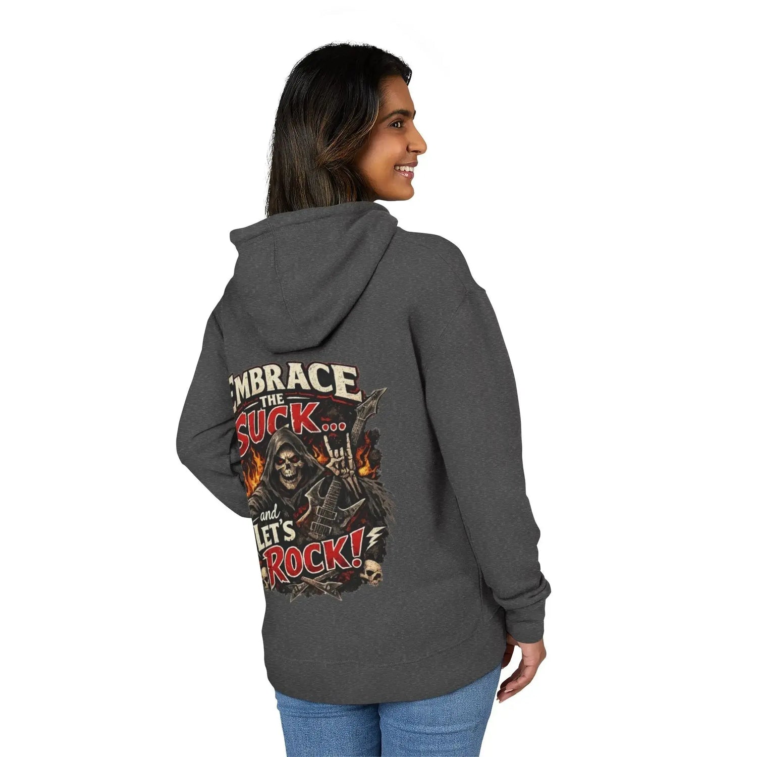 Black unisex hoodie from Printify featuring the "Embrace The Suck" design, casual fit, and soft fabric for comfortable wear.