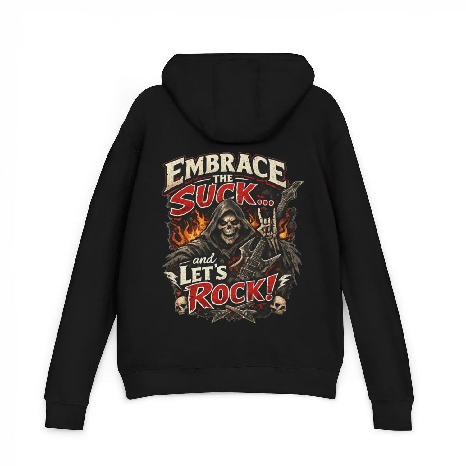 Black unisex hoodie from Printify featuring the "Embrace The Suck" design, shown on a small size model.