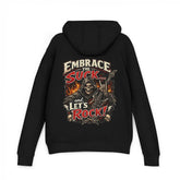 Black unisex hoodie from Printify featuring the "Embrace The Suck" design, shown on a small size model.