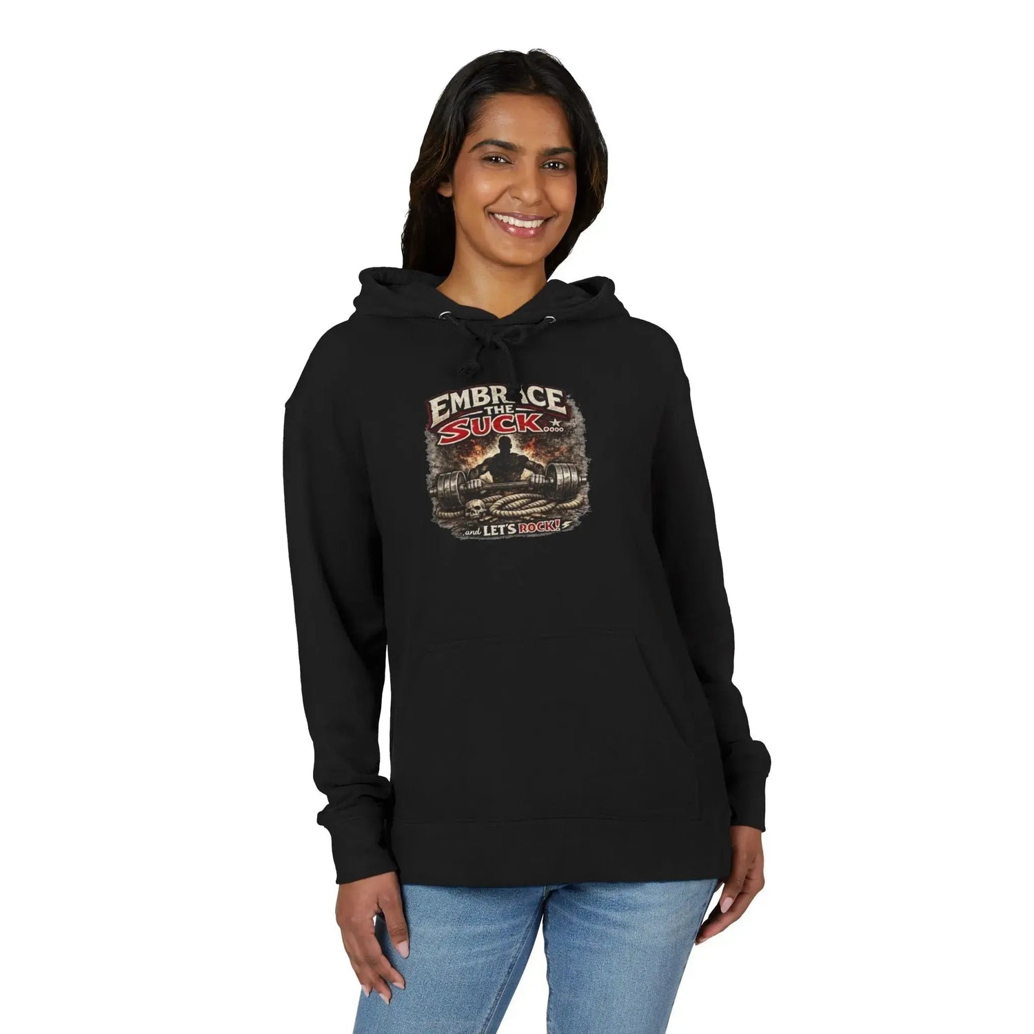 Black unisex hoodie with "Embrace The Suck" print from Printify, featuring a comfortable fit and casual style.